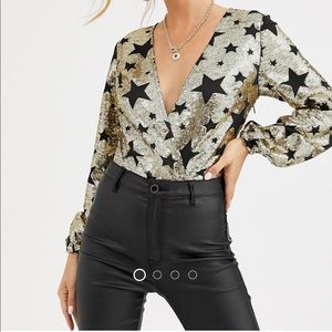 Plunge sequin bodysuit w/ balloon sleeves